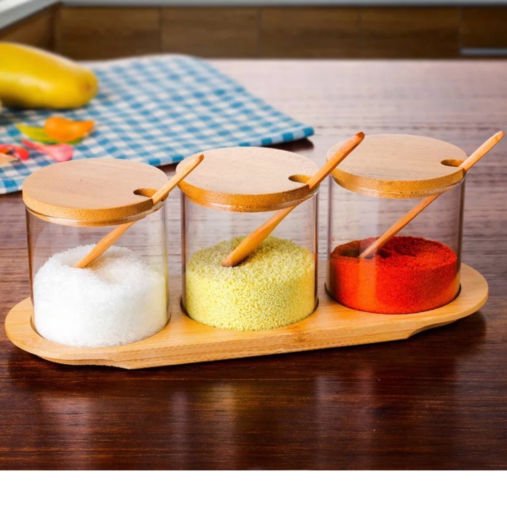 Bamboo Spice Jar Set with Spoons and Tray - Natural Wood